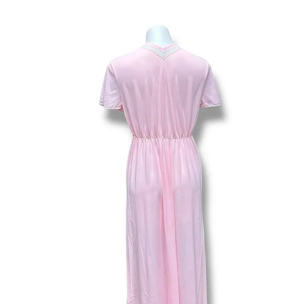 Vintage Rutledge Nightgown Pink Deep V Maxi Coquette Flutter Sleeves Womens Sz L - Picture 6 of 13